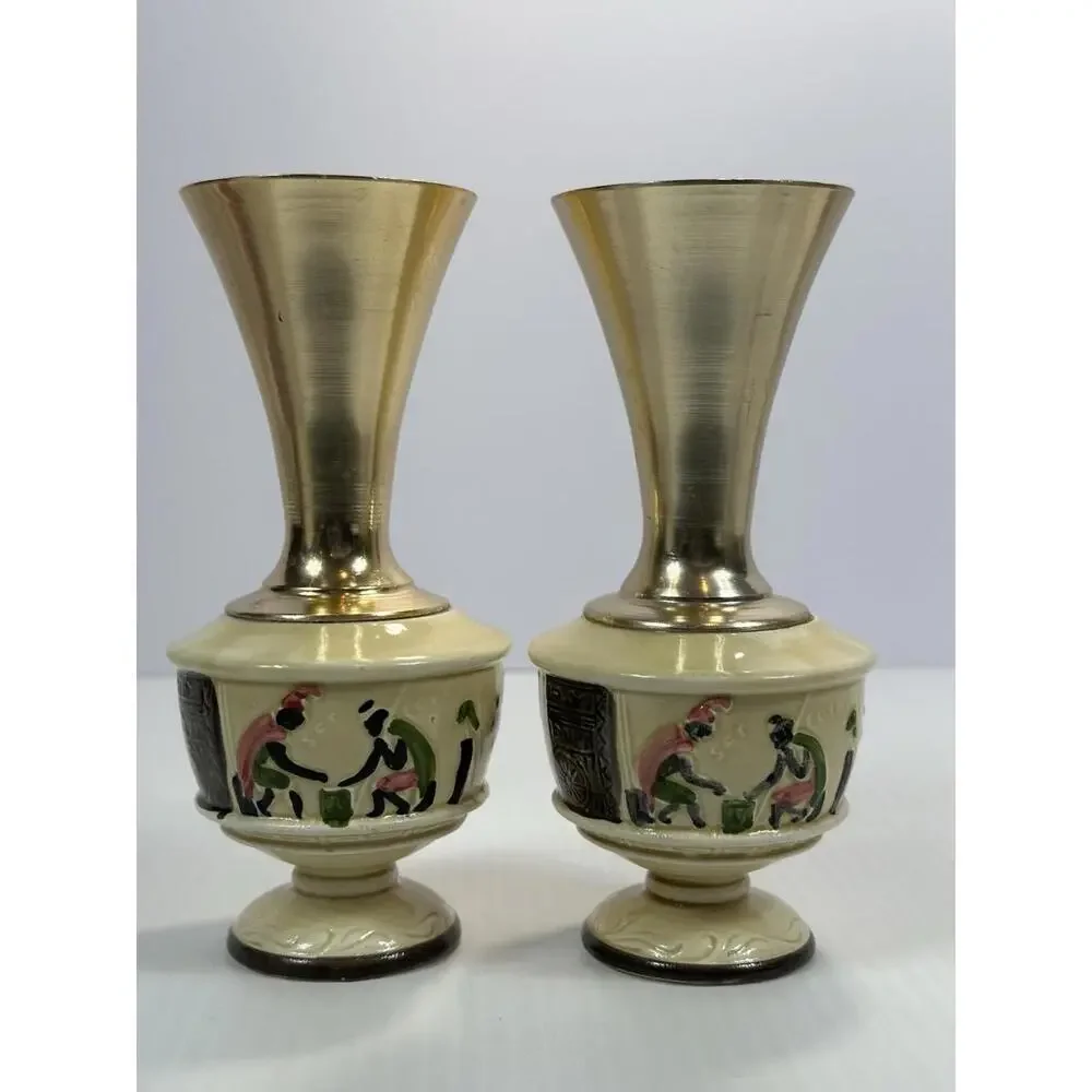 Vintage Mid Century Modern Metal‎ Ceramic Vase Decor Handmade Painted Grecian